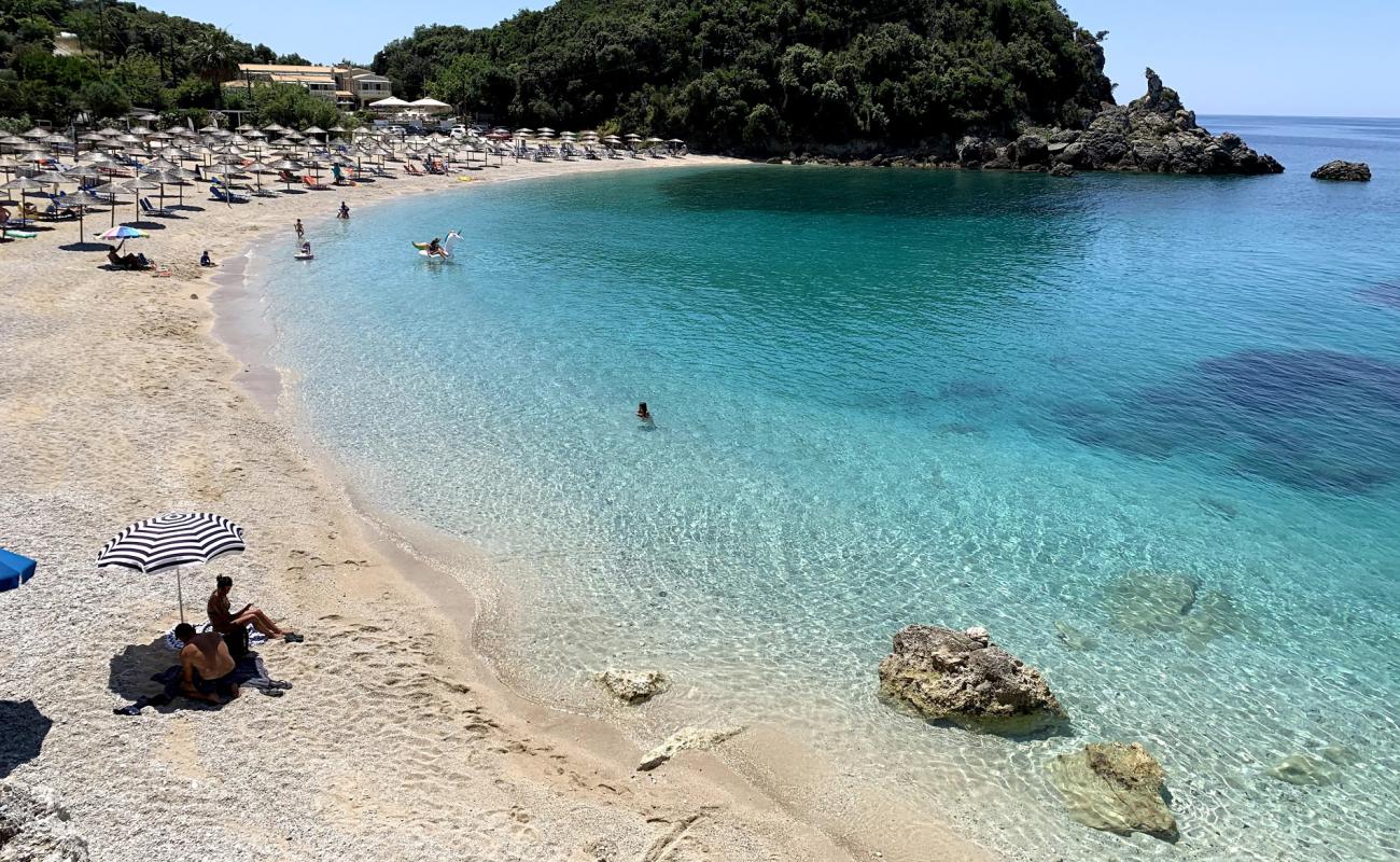 Photo of Sarakiniko beach with bright shell sand surface