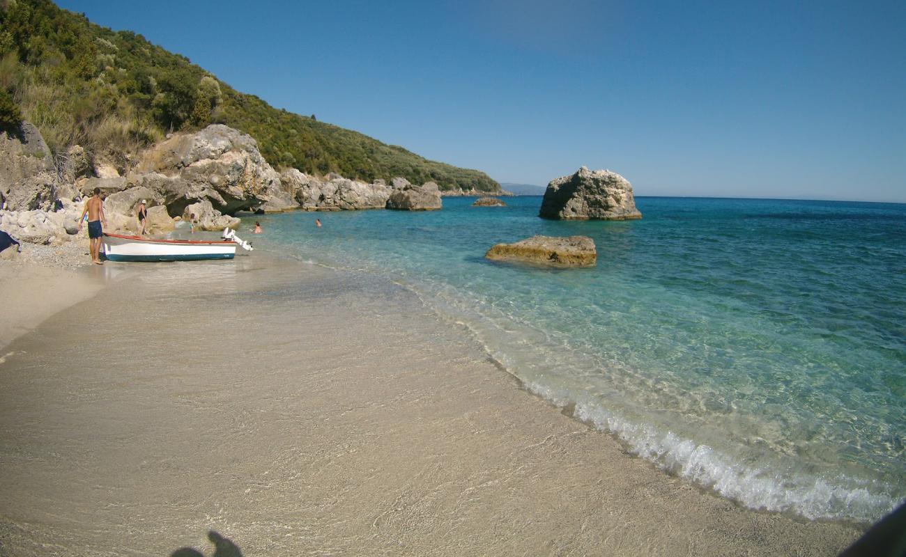 Photo of Agios Sostis beach with bright shell sand surface