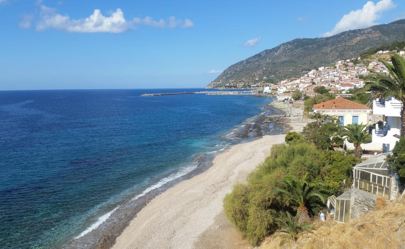 Photo of Plomari beach Saint Isidoros with light pebble surface