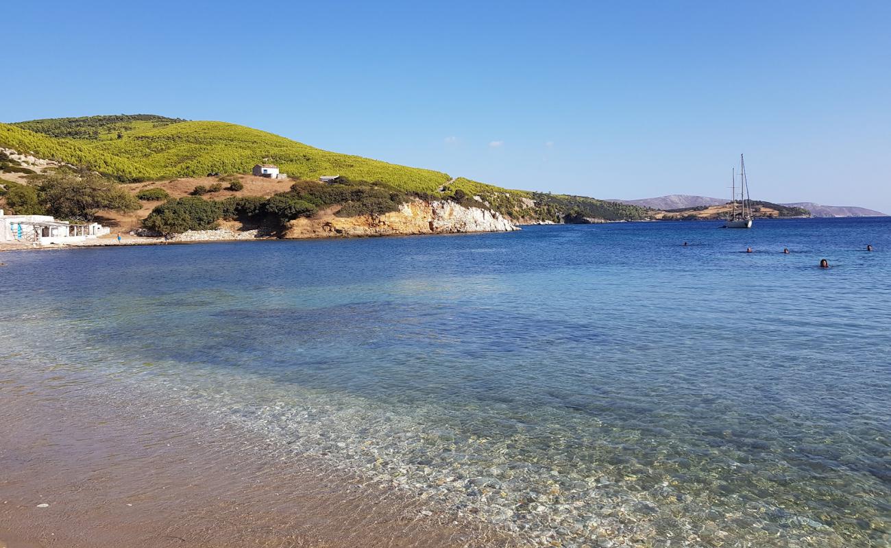 Photo of Agios Fokas beach with bright sand & rocks surface