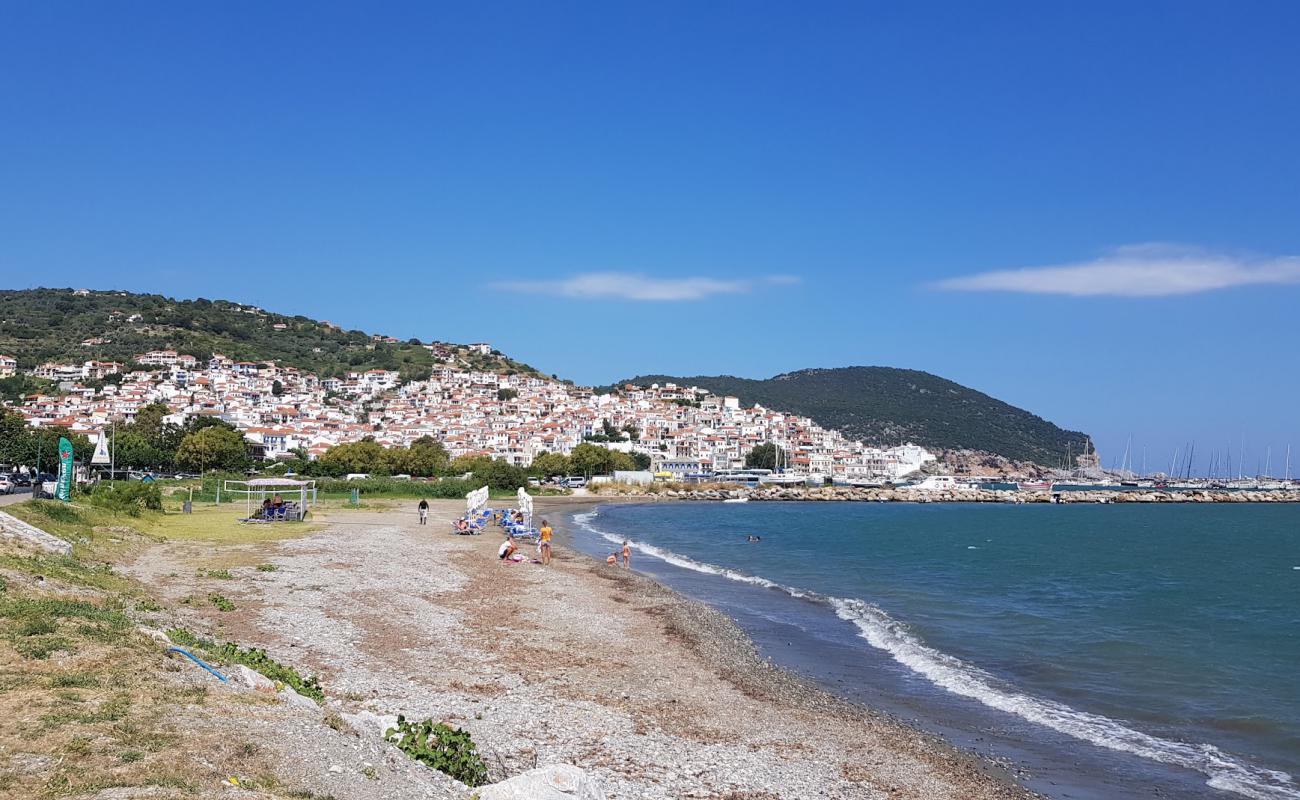 Photo of Skopelos Port beach with gray sand &  pebble surface