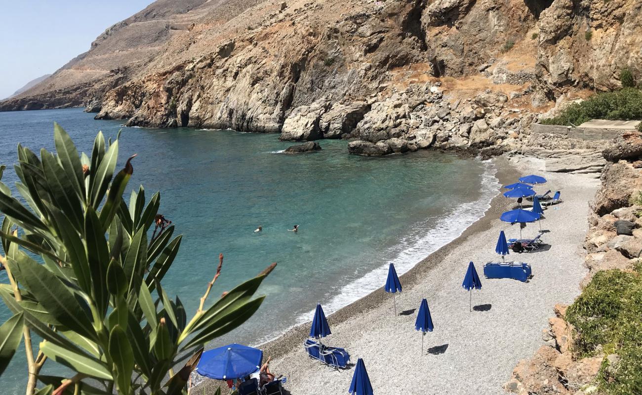 Photo of Vrissi beach with gray fine pebble surface