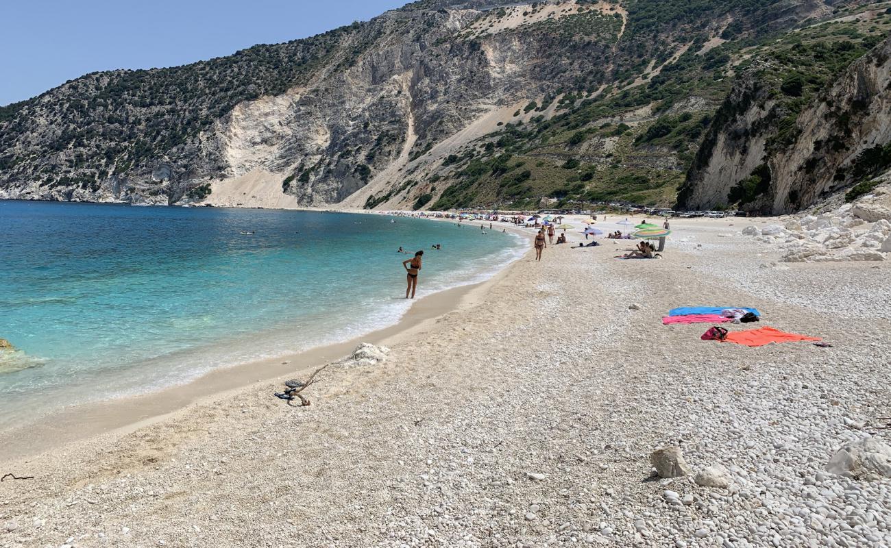 Photo of Myrtos beach with light fine pebble surface