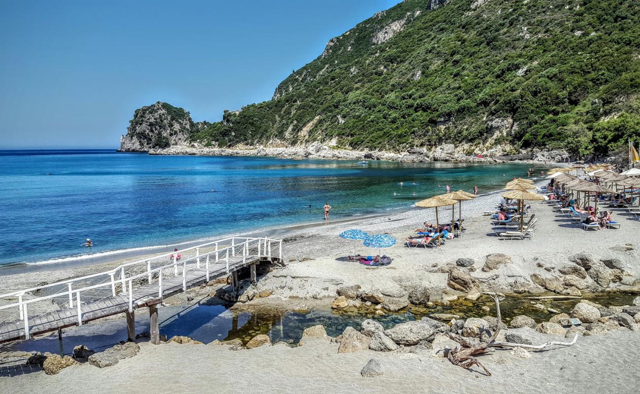 Photo of Ermones Beach with gray sand &  pebble surface