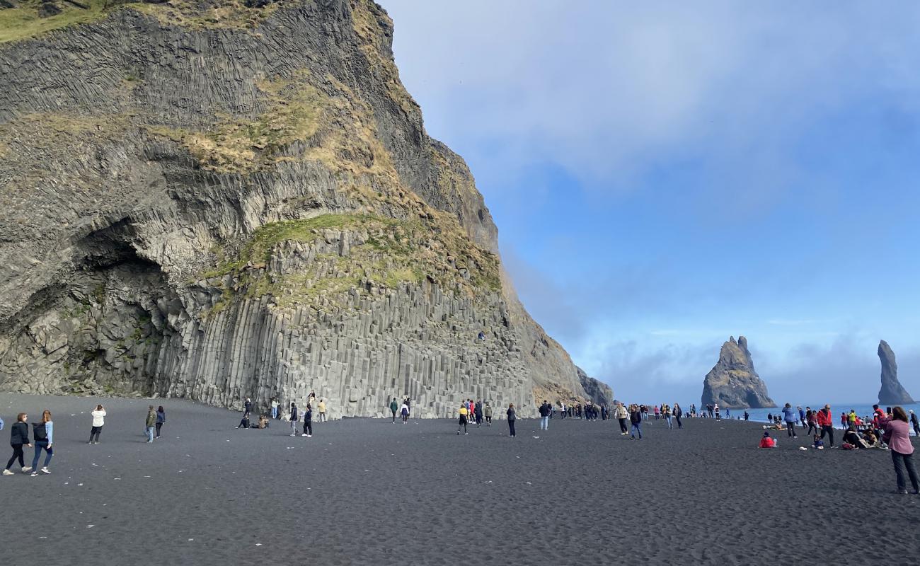 Photo of Reynisfjara Beach with black fine pebble surface