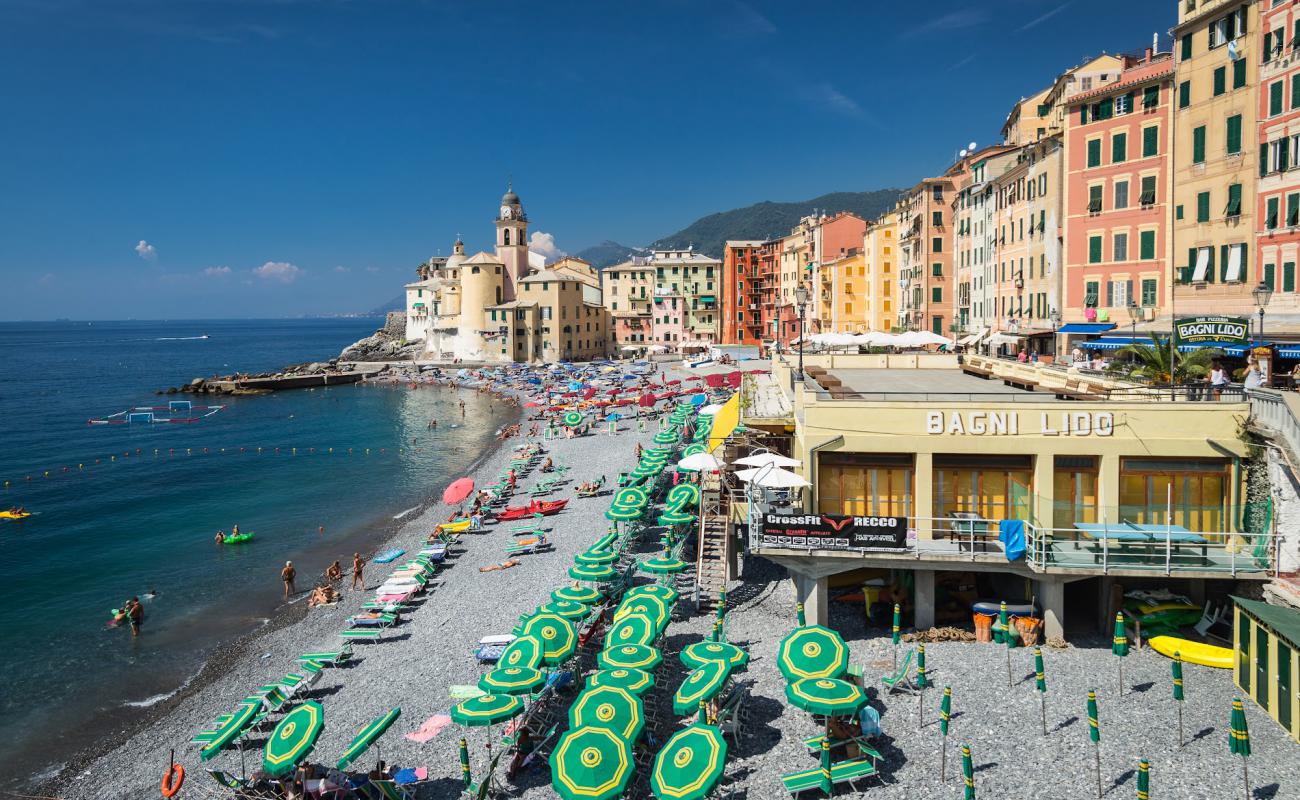 Photo of Camogli beach with gray fine pebble surface