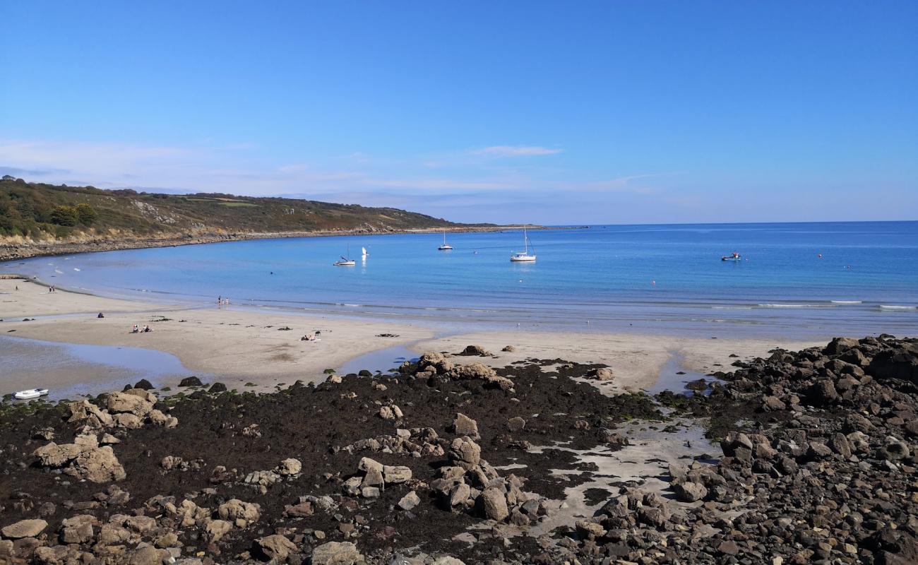 Photo of Coverack Cove beach with gray sand &  rocks surface