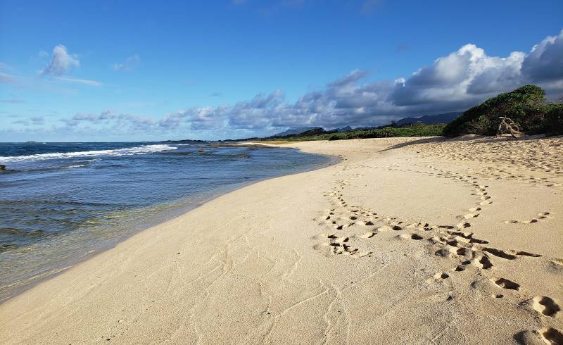 Photo of Kahuku Beach with bright sand & rocks surface