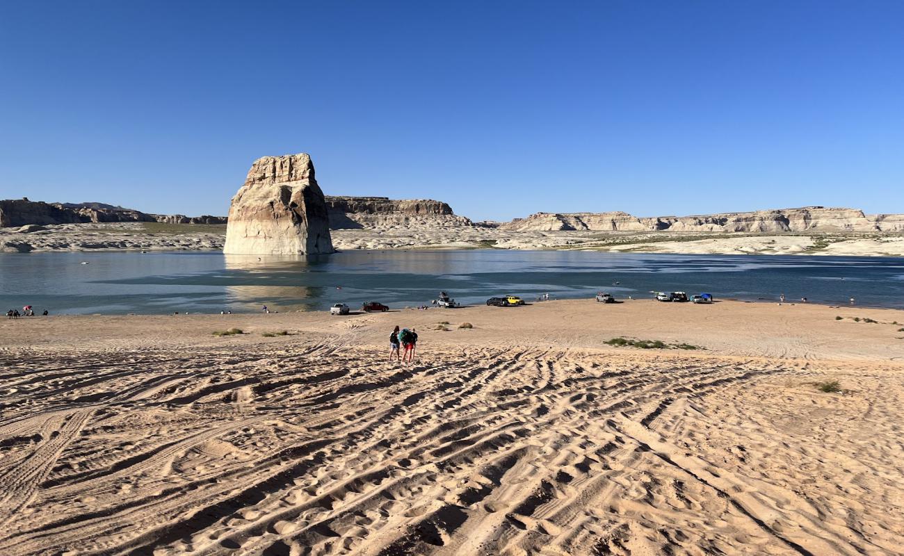 Photo of Lone Rock Beach with bright sand & rocks surface