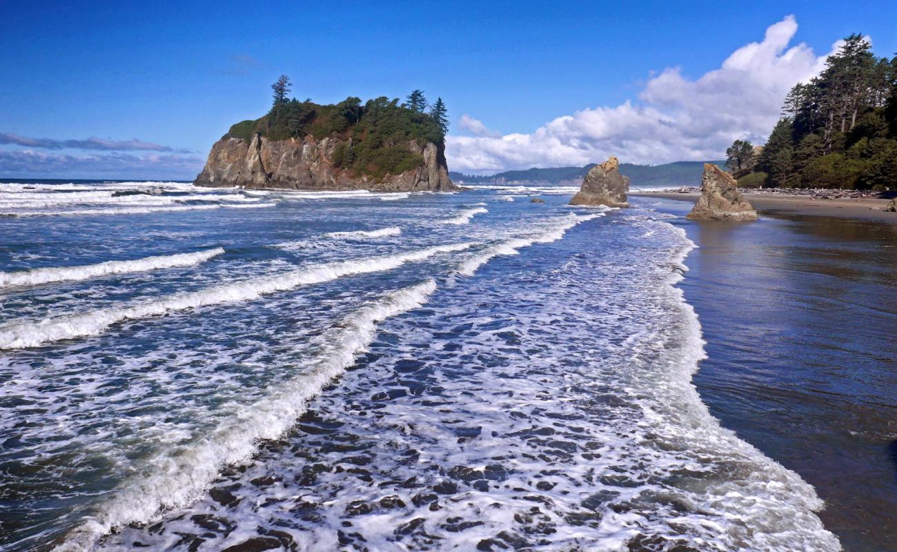 Photo of Ruby Beach with brown sand &  rocks surface